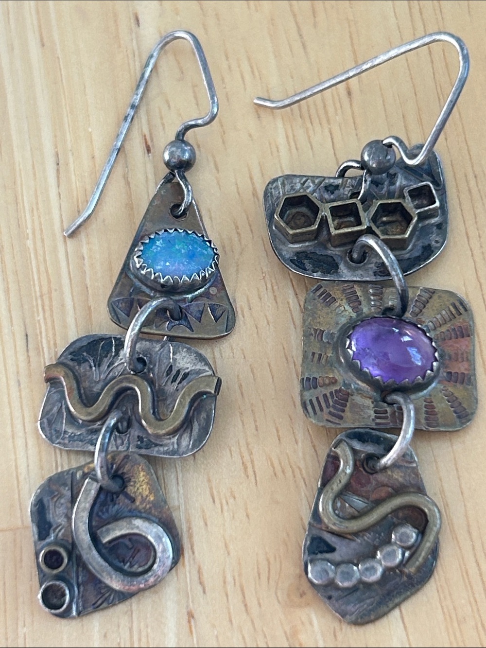 Opal and Purple Amethyst Artisan 925 Mixed-Metal Dangle Earrings (E1) - Picture 7 of 10